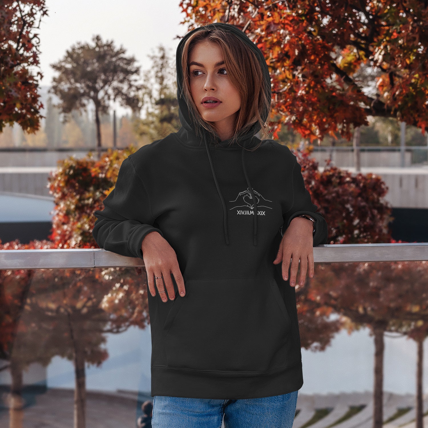Personalized Hoodie Sweatshirt Line Art Fingers Roman Numbers