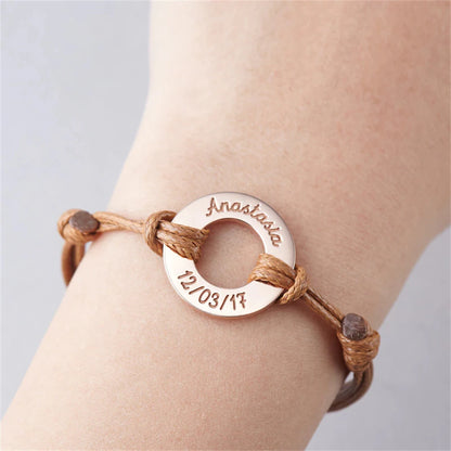 Personalized Leather Bracelet with Circle