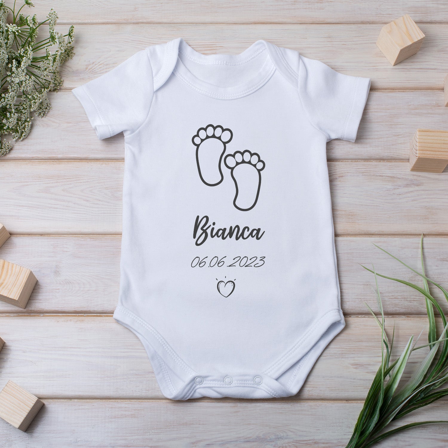 Personalized Bodysuit Onesie For Newborn Baby Feet With Name And Date